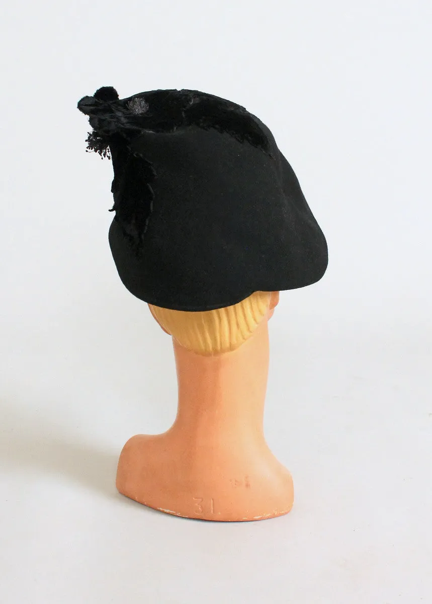 Vintage 1930s Art Deco Black Flower Beret Hat
