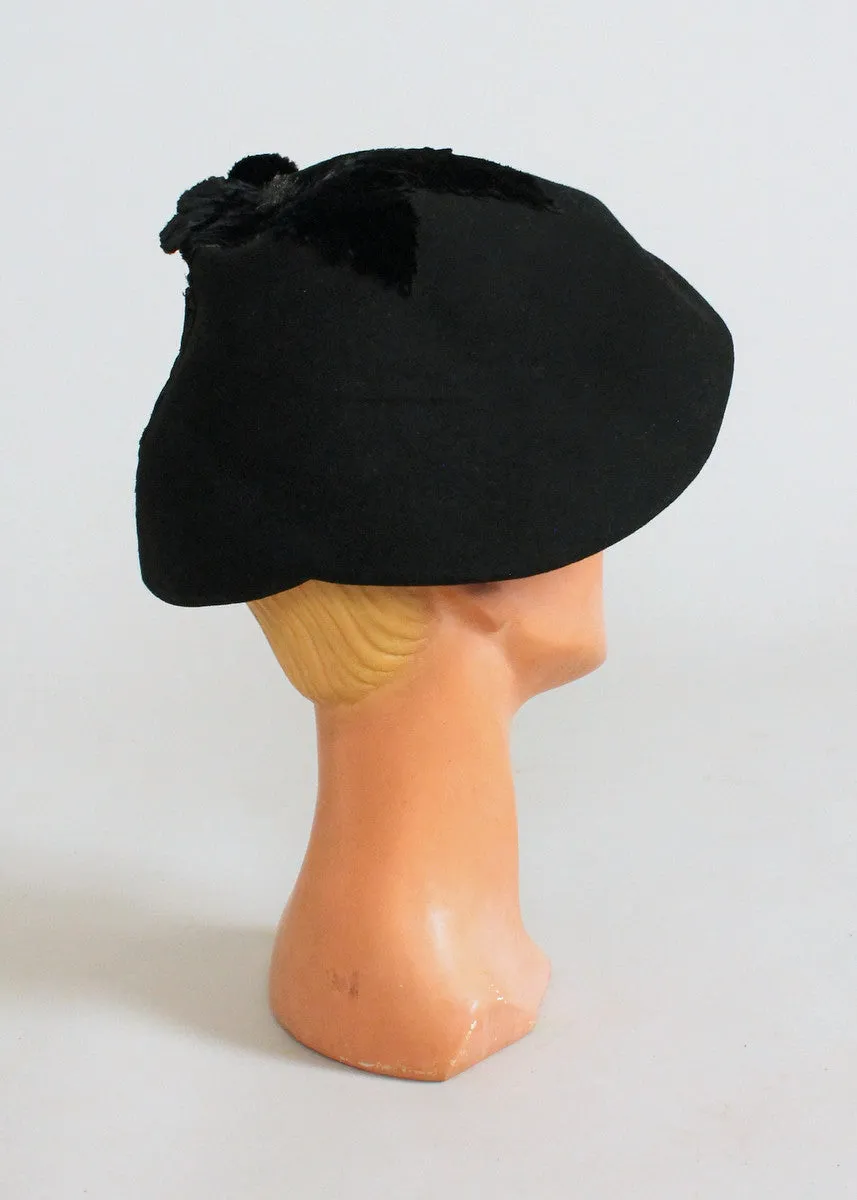 Vintage 1930s Art Deco Black Flower Beret Hat