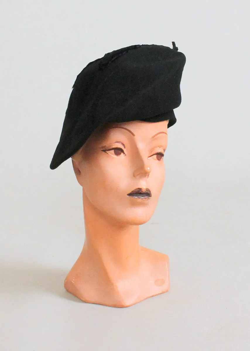 Vintage 1930s Art Deco Black Flower Beret Hat
