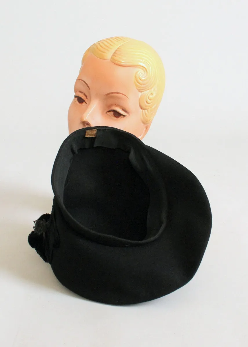 Vintage 1930s Art Deco Black Flower Beret Hat
