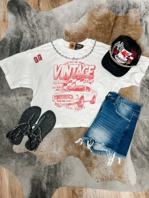 White Vintage Racing Club Cropped Graphic Tee