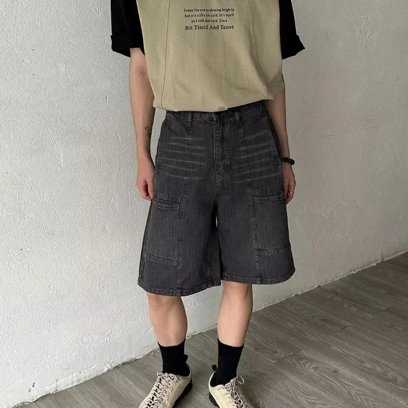 Wiaofellas  -  American Mens Summer Denim Shorts Trendy Retro Multiple Pockets Punk Mid Pants Tooling Loose Cowboy Five Quarter Pants Male