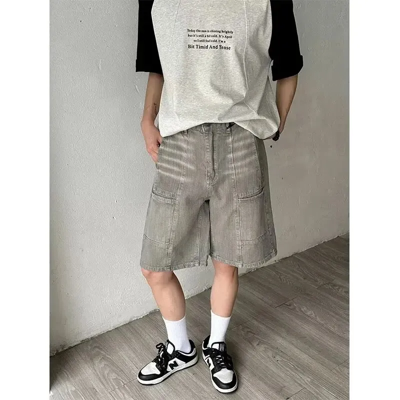 Wiaofellas  -  American Mens Summer Denim Shorts Trendy Retro Multiple Pockets Punk Mid Pants Tooling Loose Cowboy Five Quarter Pants Male