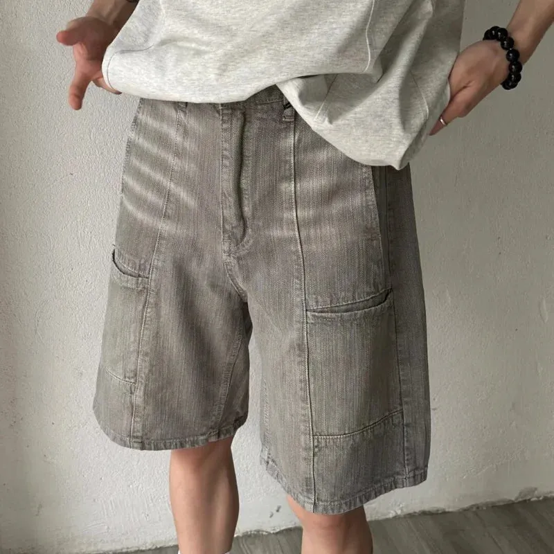 Wiaofellas  -  American Mens Summer Denim Shorts Trendy Retro Multiple Pockets Punk Mid Pants Tooling Loose Cowboy Five Quarter Pants Male