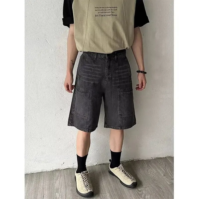 Wiaofellas  -  American Mens Summer Denim Shorts Trendy Retro Multiple Pockets Punk Mid Pants Tooling Loose Cowboy Five Quarter Pants Male