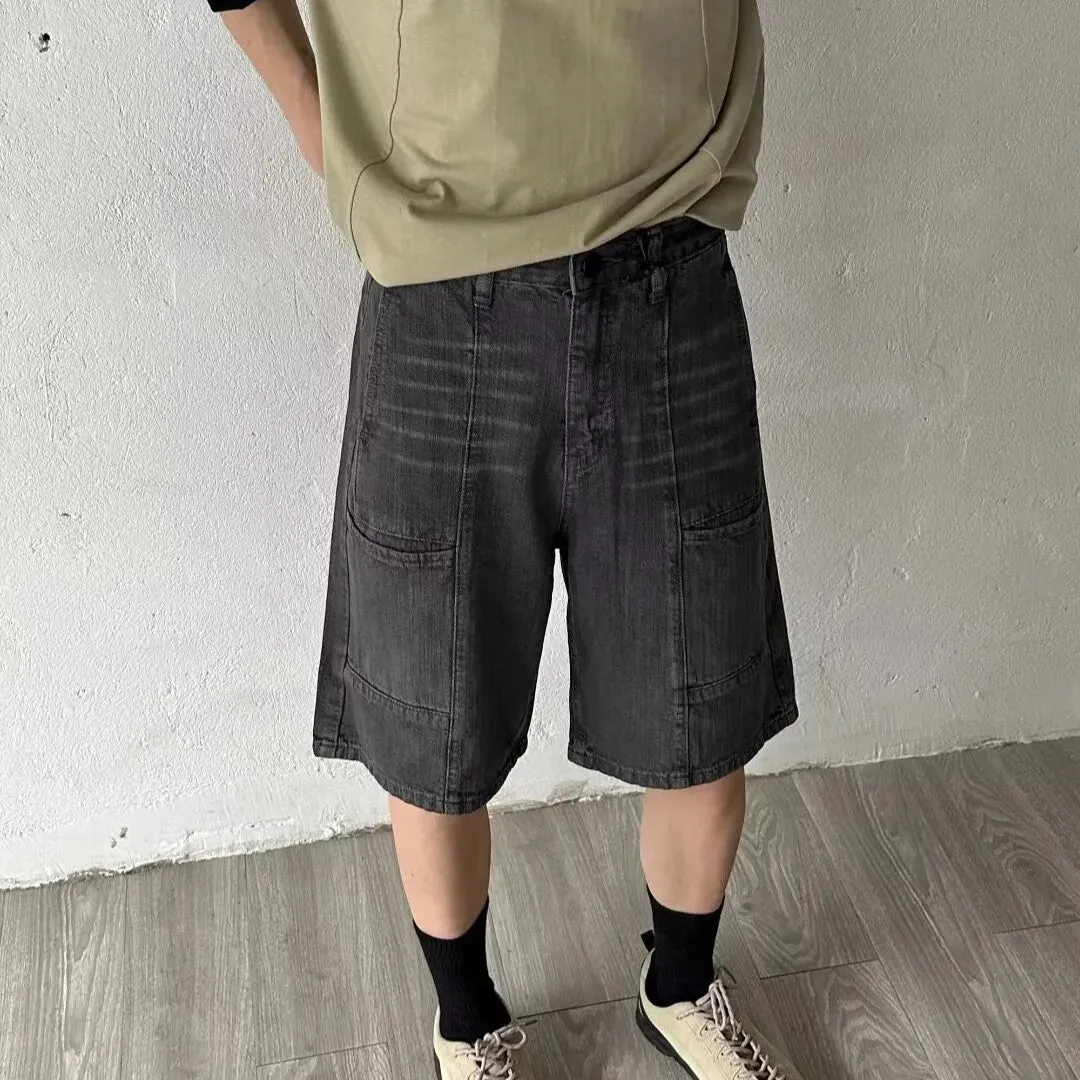 Wiaofellas  -  American Mens Summer Denim Shorts Trendy Retro Multiple Pockets Punk Mid Pants Tooling Loose Cowboy Five Quarter Pants Male