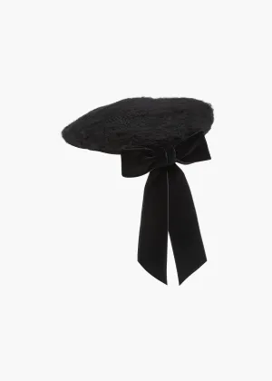 Wide Velvet Bow Beret -- Black