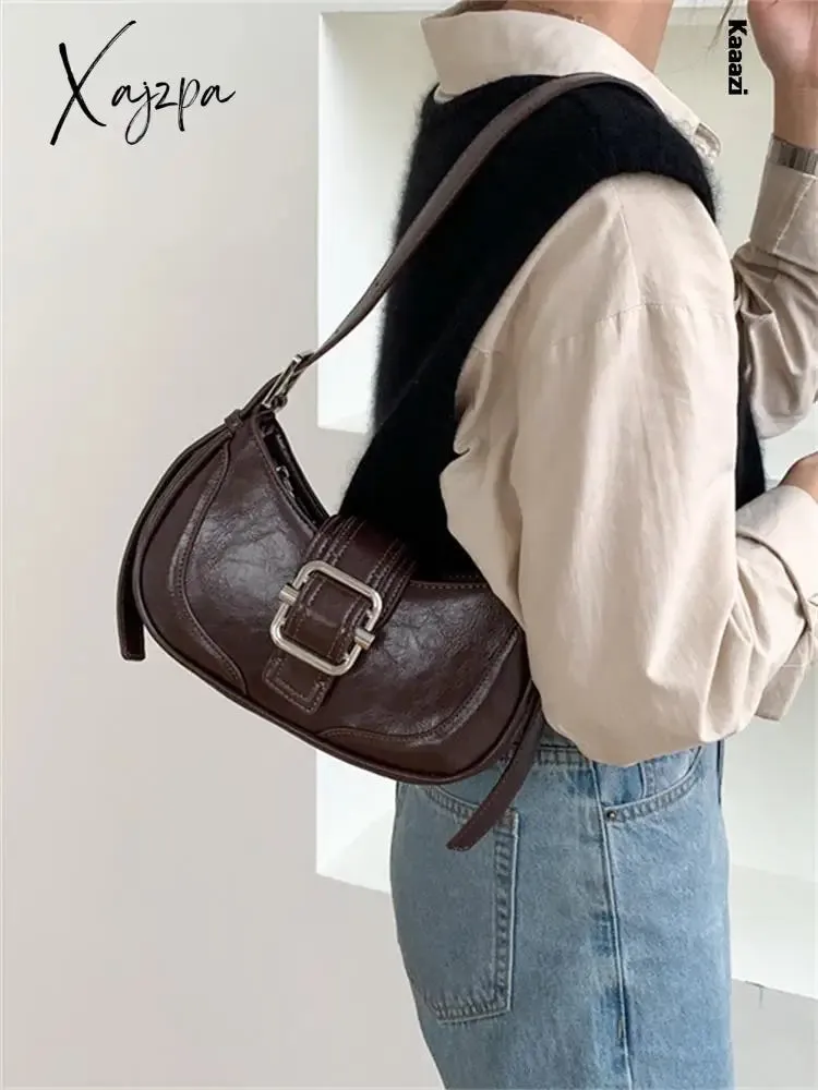 Xajzpa - Vintage Handbags For Women Half-moon Leather Hasp Shoulder Crossbody Bag Luxury Designer Ladies Underarm Bags Hobo 2023 Fashion