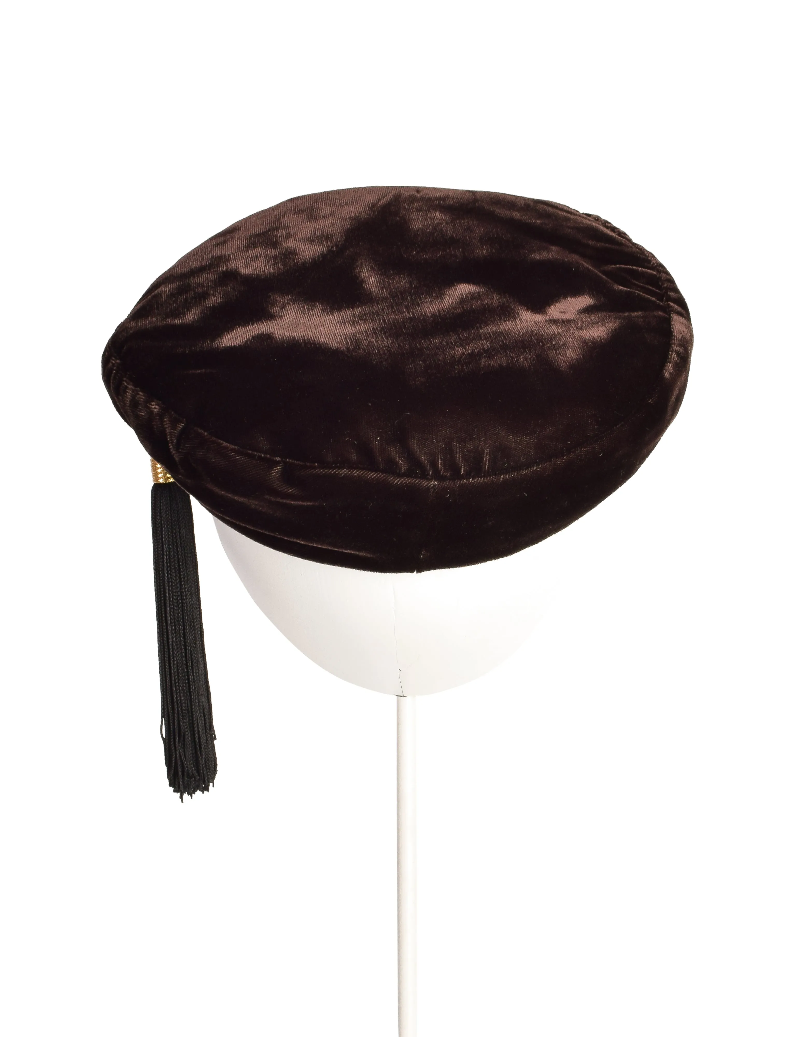 Yves Saint Laurent Vintage 1976 Russian Collection Brown Velvet Tassel Beret Hat