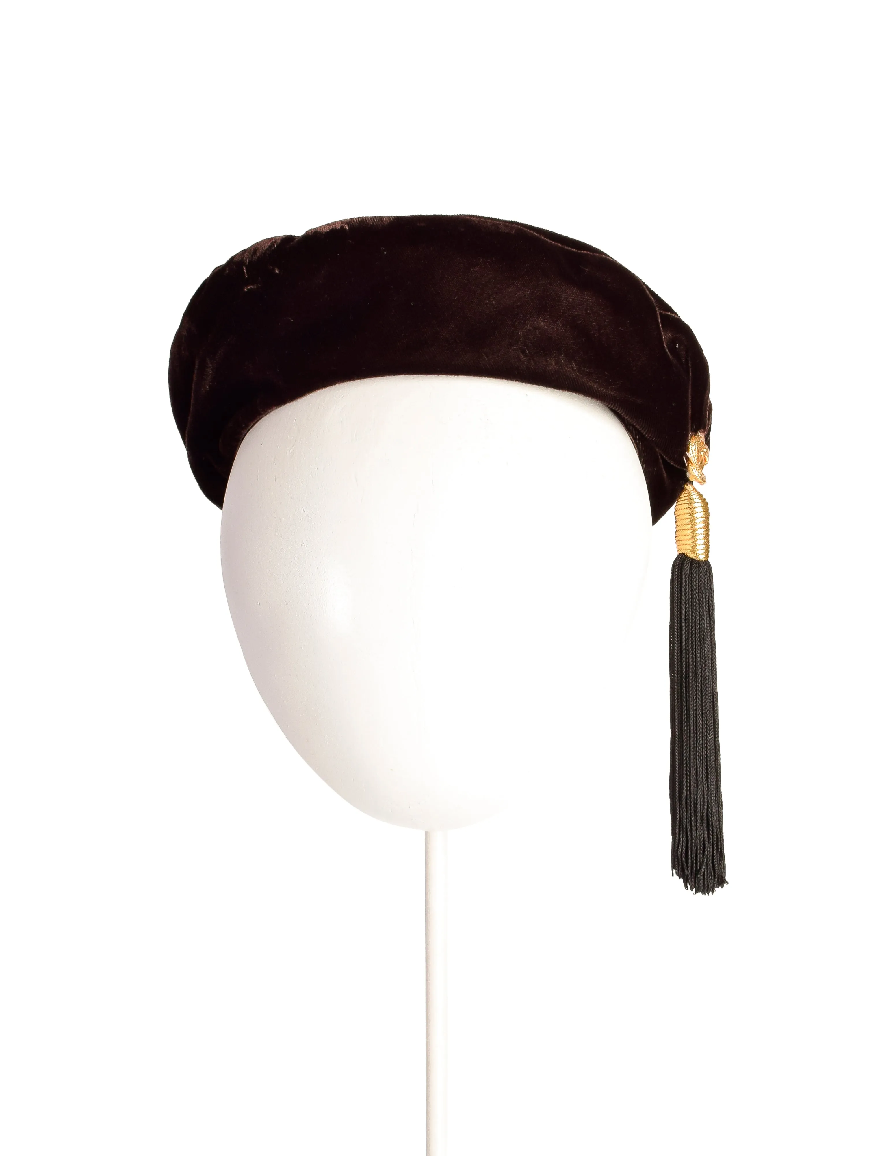 Yves Saint Laurent Vintage 1976 Russian Collection Brown Velvet Tassel Beret Hat
